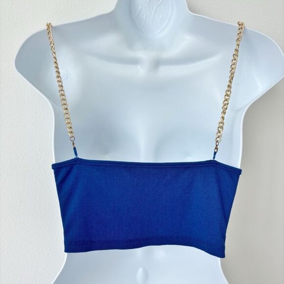 Women's Blue Gold Chain Straps Stretch Sleeveless Cropped Top Larg - Picture 6 of 7